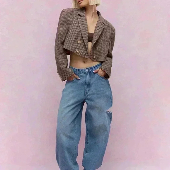 Multicolor Women's Plaid Wool Double Breasted Crop Jacket - Picture 3 of 4